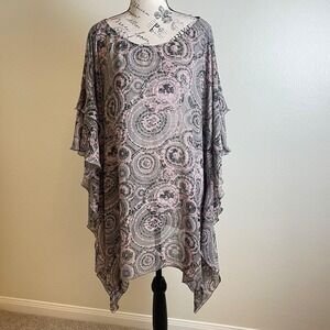 Lane Bryant Plus Size Kaftan Tunic Top Gray Pink Circle Print 26‎ 28 Sheer